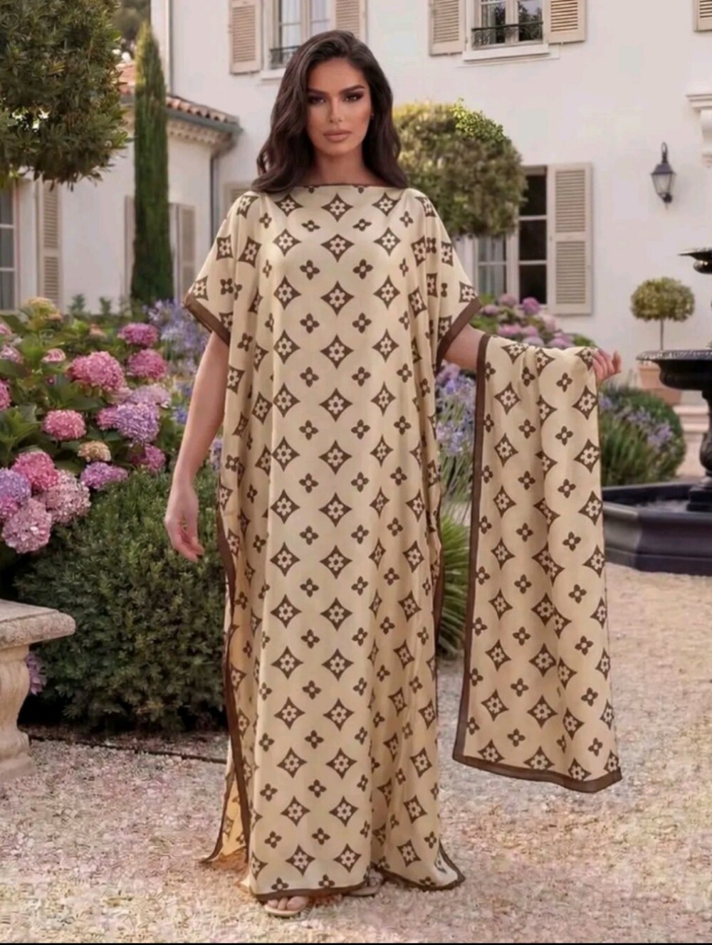 Beige Patterned Maxi Kaftan Dress with Scarf - Picture 1 of 1